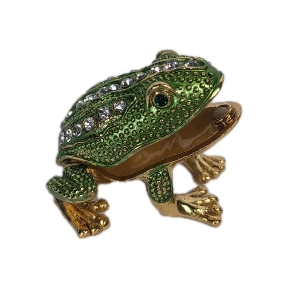 Hinged Keren Kopal Style Gold Tone Frog Trinket Box Rhinestones Green Eyes Vintg